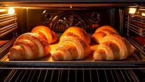 Golden croissants baking in an oven with melting chocolate filling visible