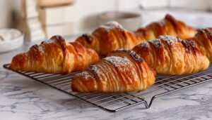 Freshly baked croissants cooling on a wire rack with grated chocolate on a marble counter