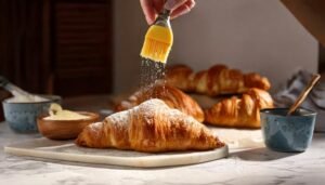 A pastry brush coating croissants with butter on a marble countertop in a warm kitchen