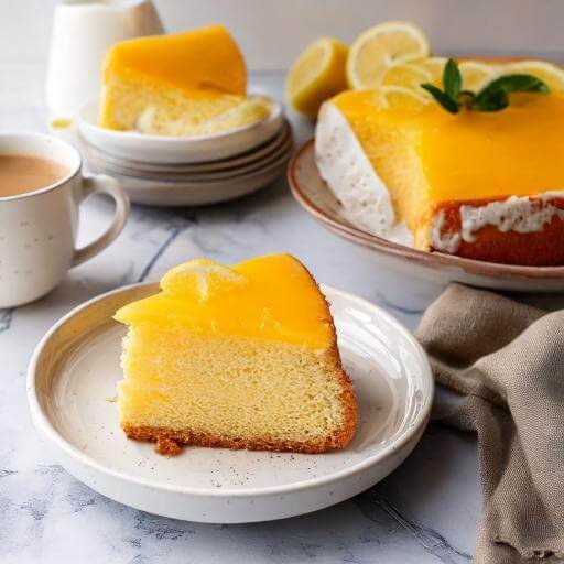 A plated slice of Lemon Cream Cheese Coffee Cake with lemon glaze and zest, served with coffee