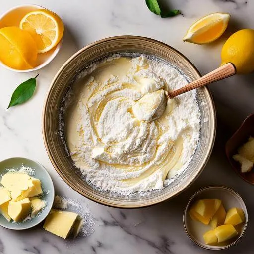 Whipping cream cheese filling for Lemon Cream Cheese Coffee Cake with powdered sugar and lemon zest nearby