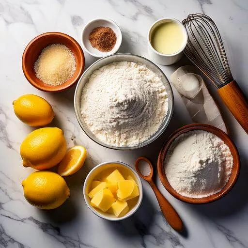 Ingredients for Lemon Cream Cheese Coffee Cake on a white marble surface in a cozy rustic kitchen
