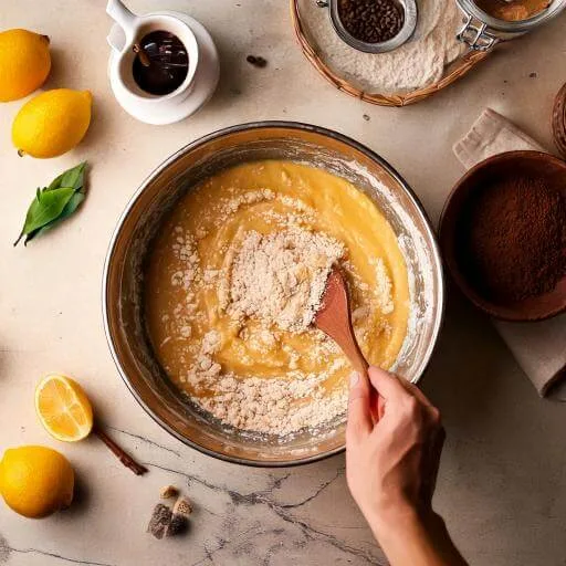 Mixing batter for Lemon Cream Cheese Coffee Cake with visible lemon zest and creamy texture in a rustic-modern kitchen