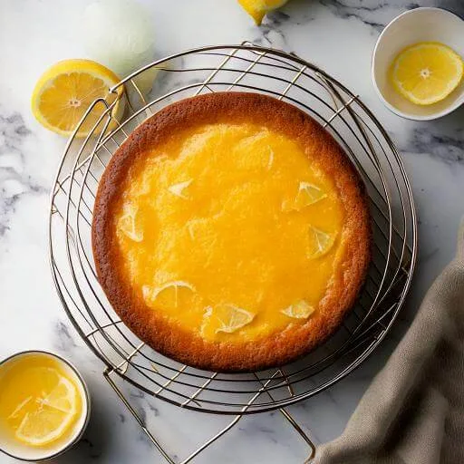 Freshly baked Lemon Cream Cheese Coffee Cake cooling on a rack with a golden crust and creamy filling
