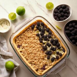 Assembling layers of crust and cream cheese filling for Blackberry Lime Lush.