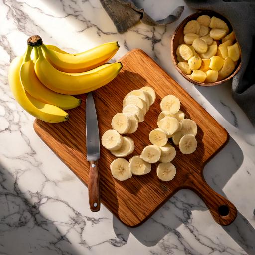 Thinly slicing fresh bananas on a cutting board to layer in a no-bake peanut butter banana cream pie