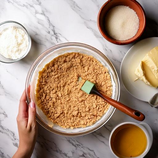 Mixing crushed graham crackers and melted butter to prepare the crust for a no-bake peanut butter banana cream pie