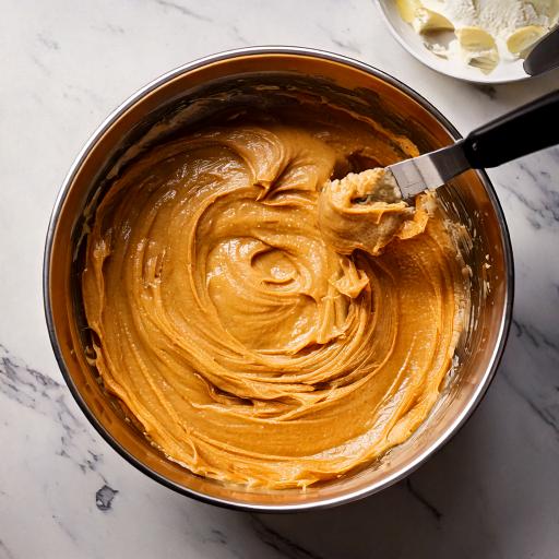 Folding creamy peanut butter with whipped cream to make the filling for a no-bake peanut butter banana cream pie