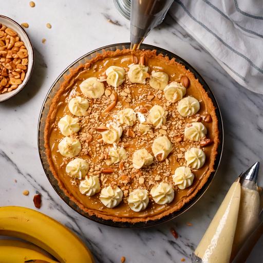 Garnishing a no-bake peanut butter banana cream pie with whipped cream, banana slices, and crushed peanuts