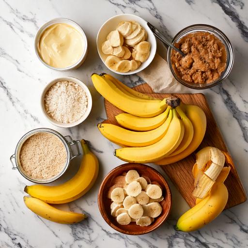 Ingredients for a no-bake peanut butter banana cream pie, including bananas, peanut butter, and graham crackers on a marble countertop