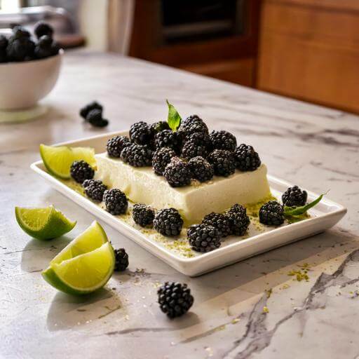 Finished Blackberry Lime Lush dessert with blackberry and lime garnishes.