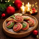 Baked Christmas pinwheel cookies with red and green swirls, ready to serve.