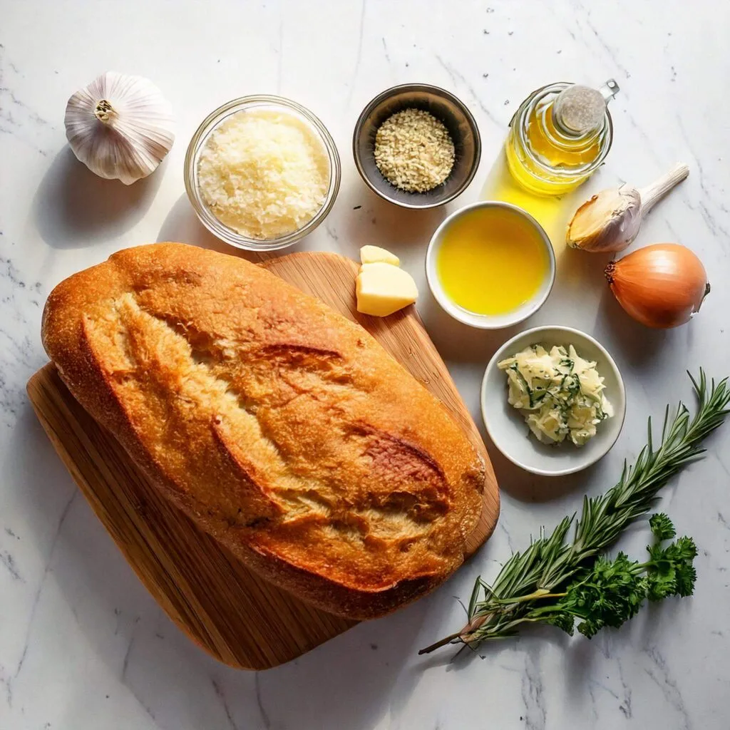 Fresh ingredients for Garlic Parmesan Pull-Apart Bread on a marble countertop.