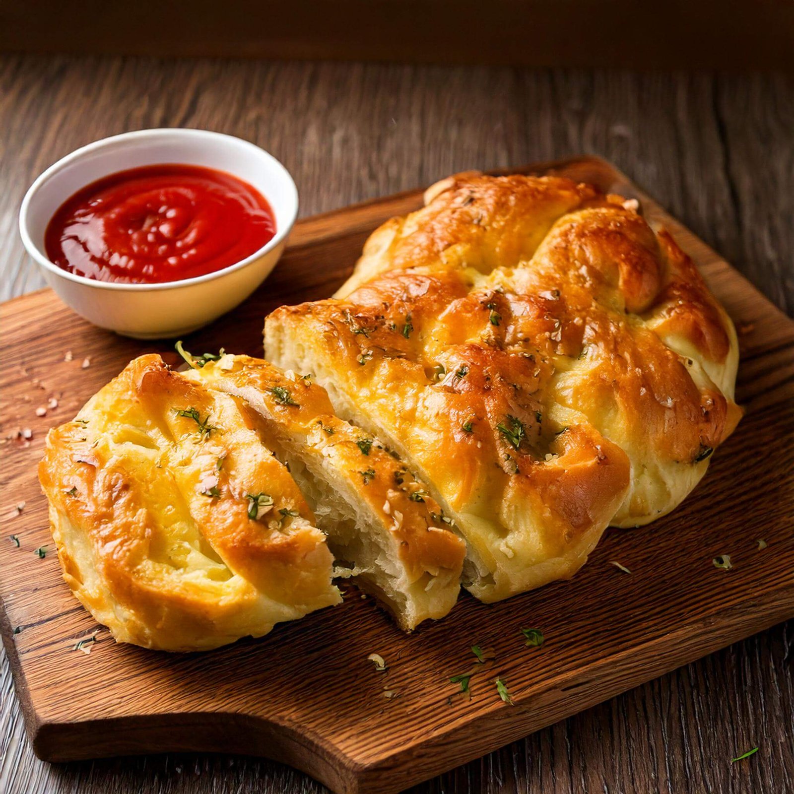 Garlic Parmesan Pull-Apart Bread served with marinara sauce on a wooden board