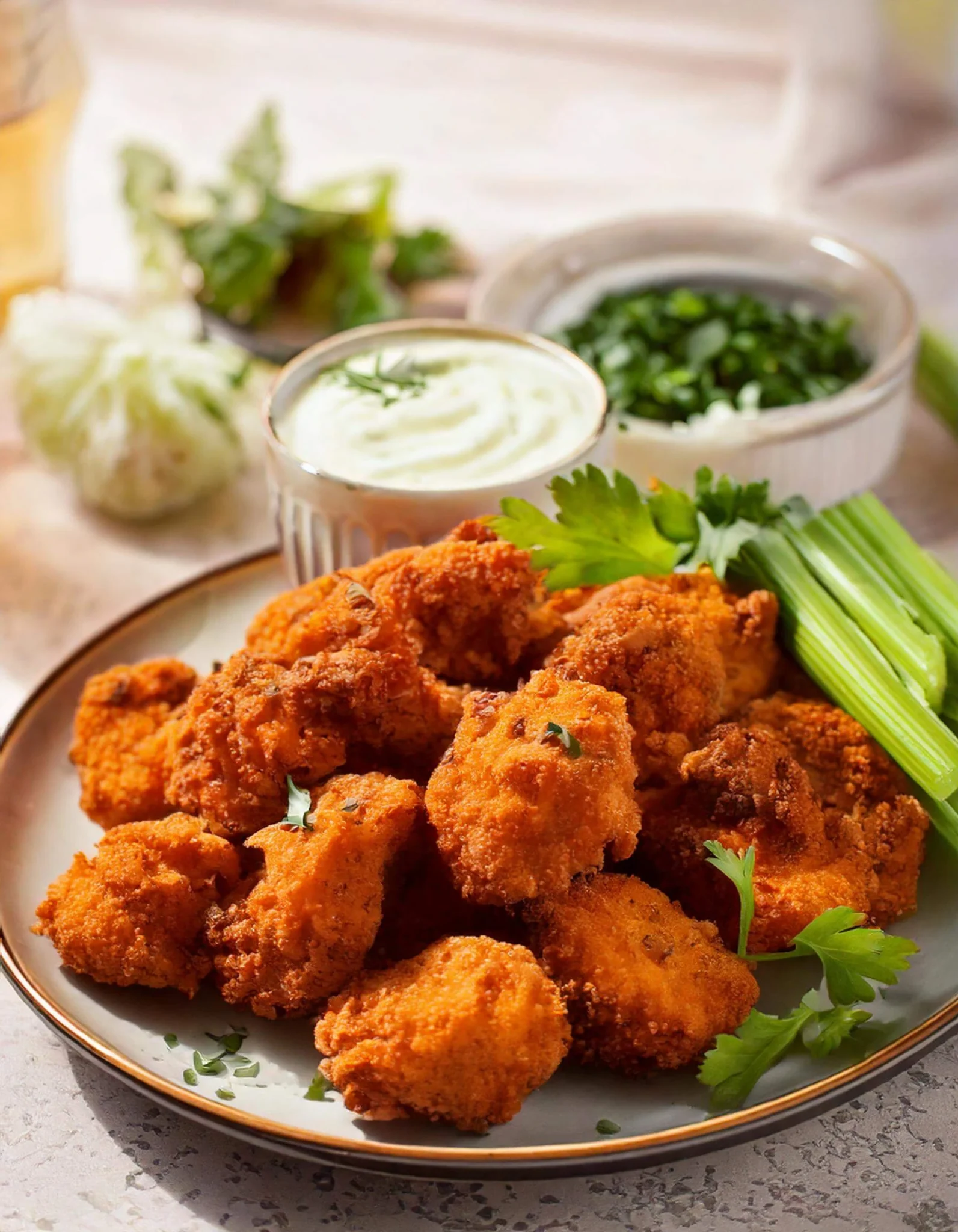 Air Fryer Buffalo Cauliflower Bites served with vegan ranch and celery