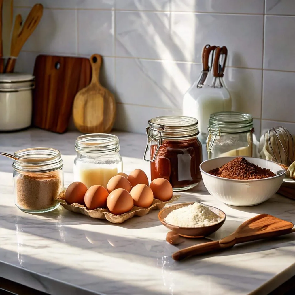 Ingredients for Nutella fudge brownies arranged on a marble kitchen counter