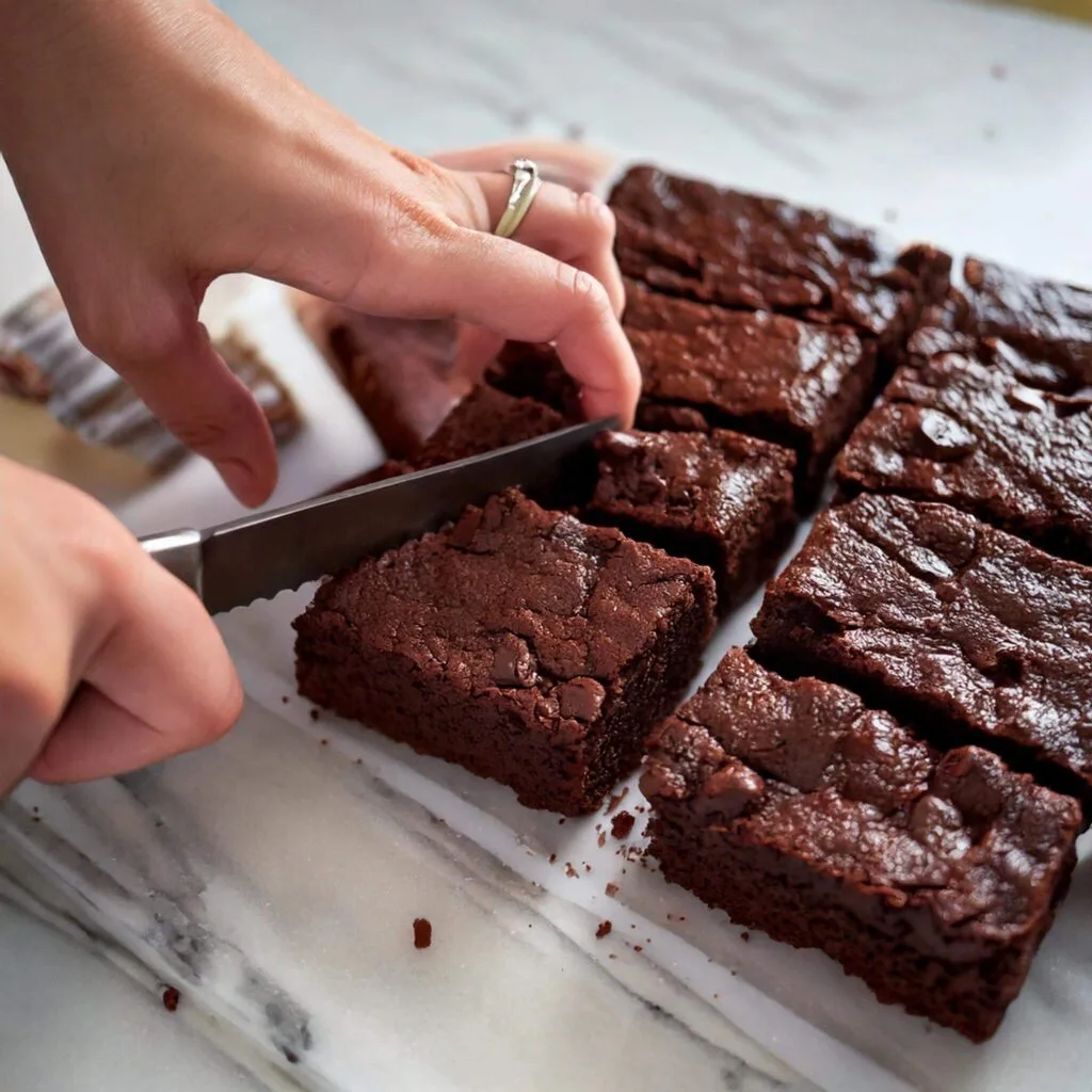 A hand slicing freshly baked Nutella brownies on a marble counter