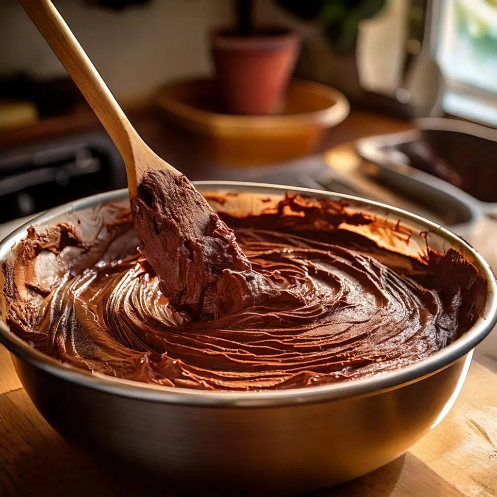 Mixing Nutella brownie batter in a bowl with a wooden spoon