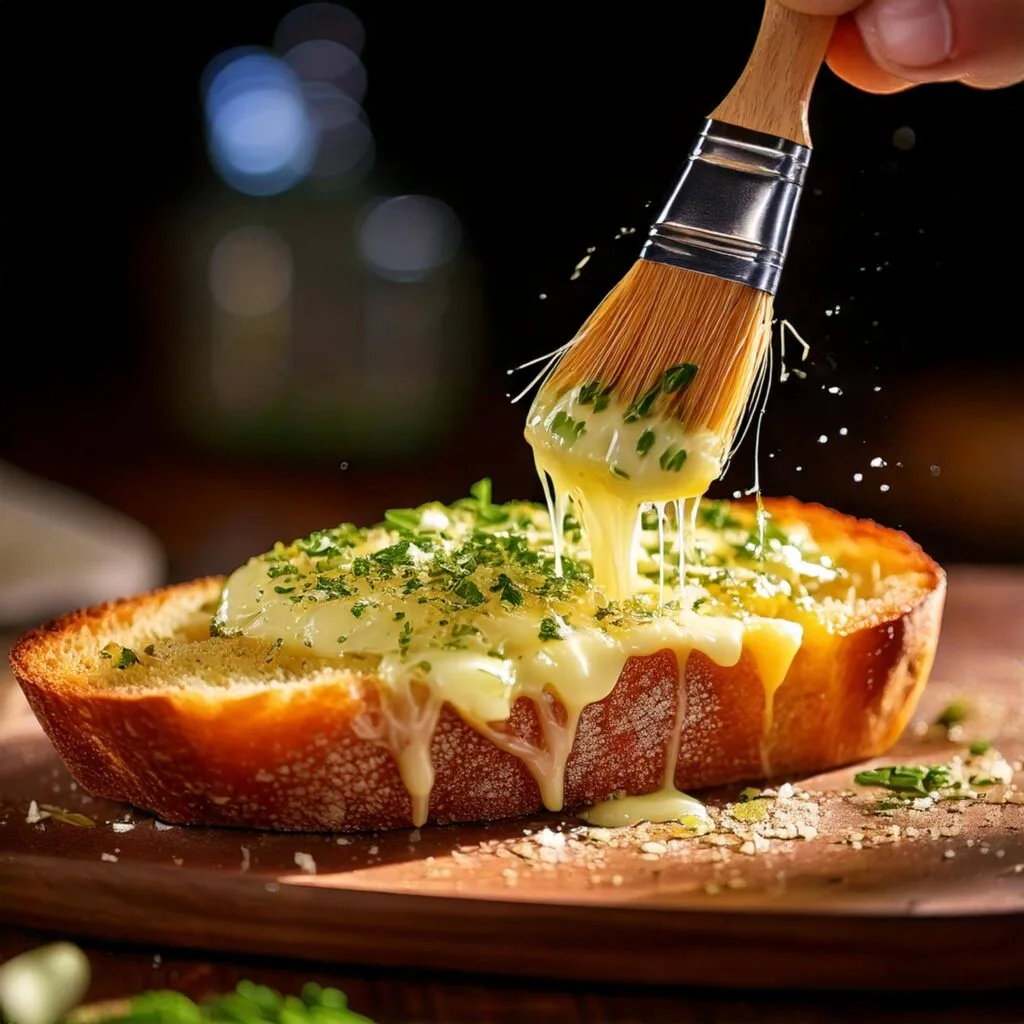 Brushing Garlic Parmesan filling onto bread loaf.