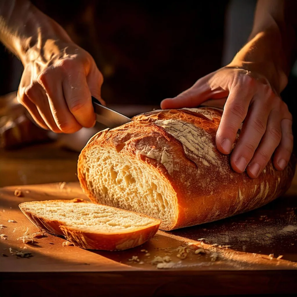 Hands slicing bread loaf for Garlic Parmesan Pull-Apart Bread