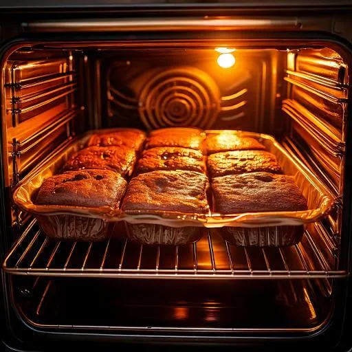 Nutella brownies baking in an oven with golden lighting