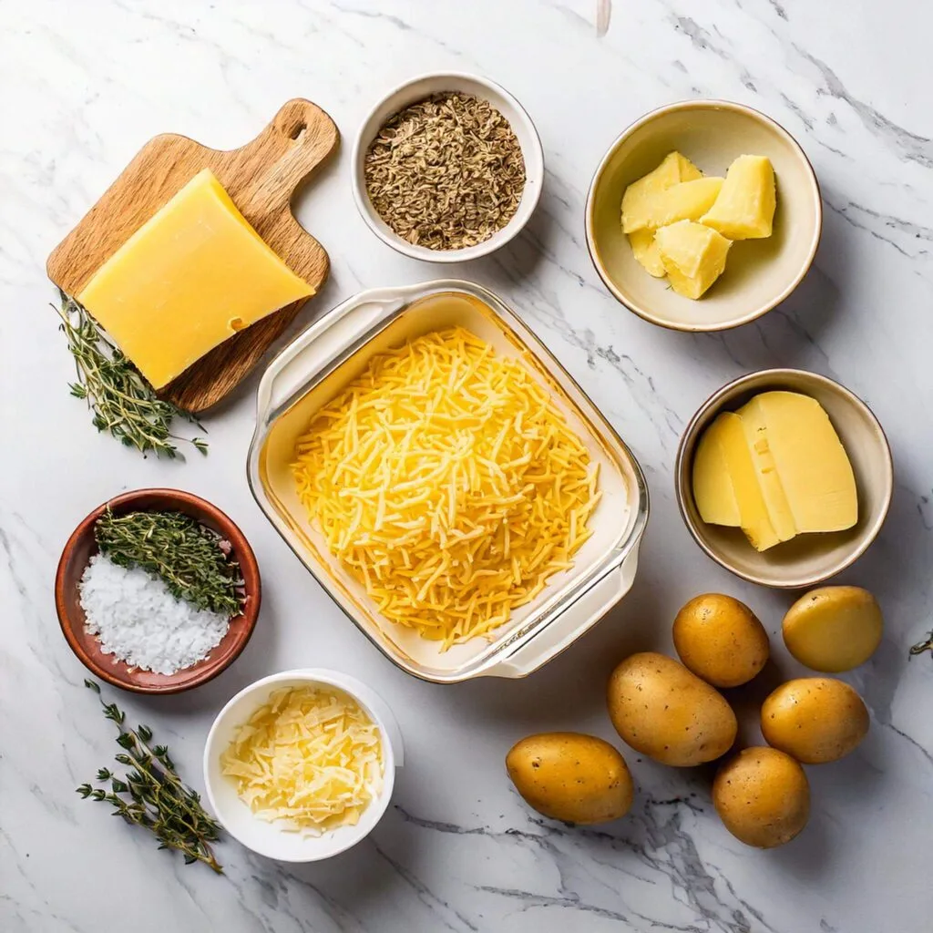Ingredients for cheesy scalloped potatoes displayed on a white marble counter