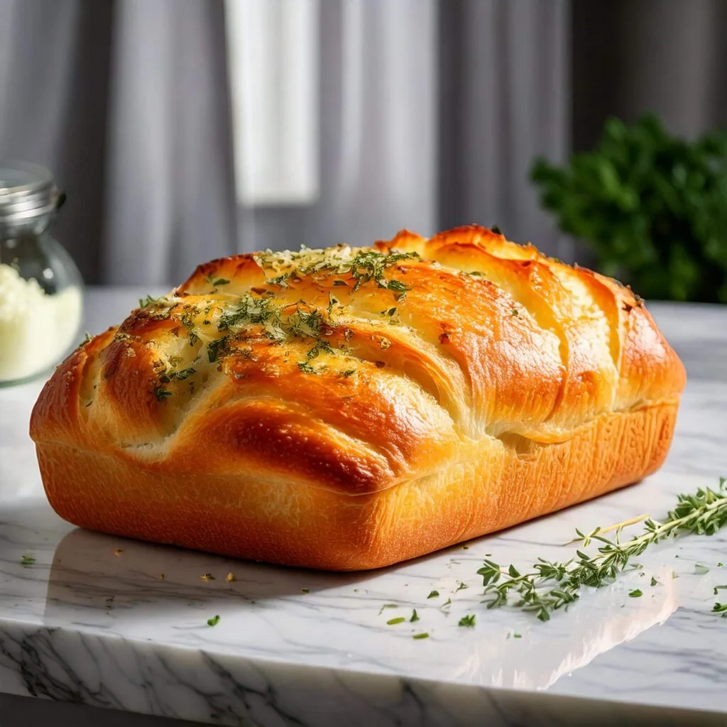 Freshly baked Garlic Parmesan Pull-Apart Bread on a white marble countertop