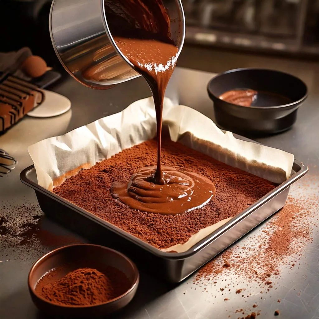 Glossy Nutella brownie batter being poured into a baking pan.
