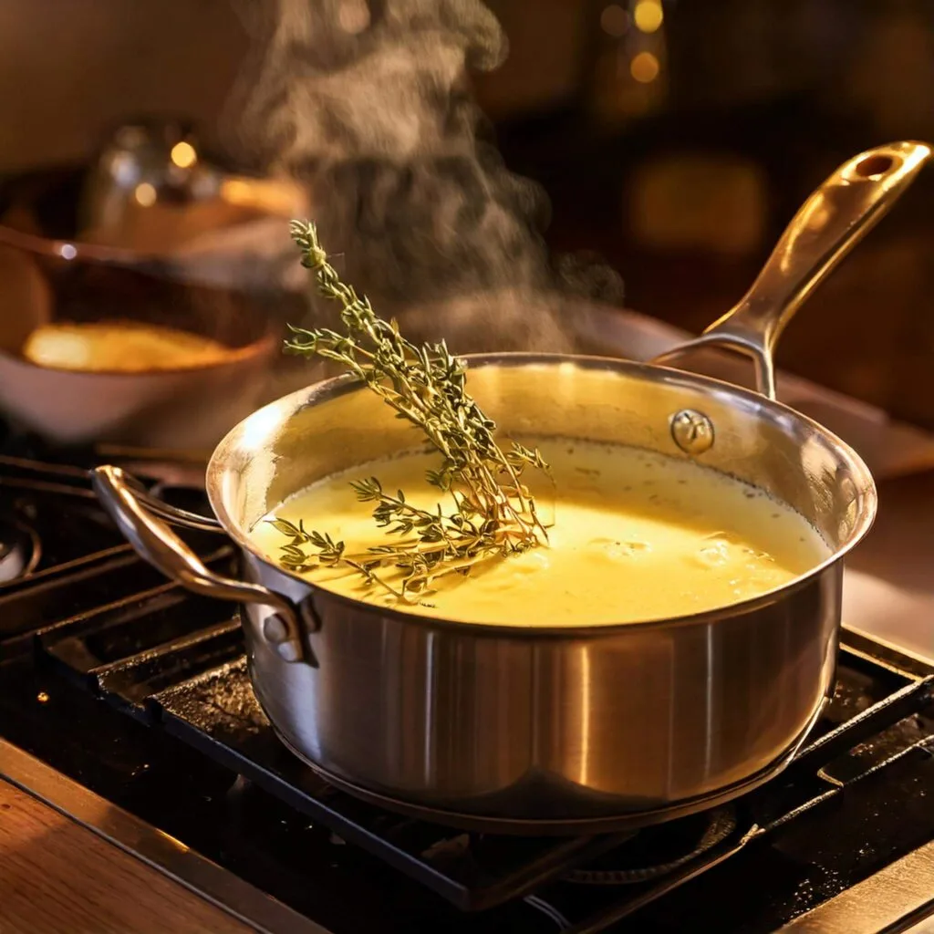 Preparing a rich cheese sauce with butter, garlic, cream, and cheddar cheese