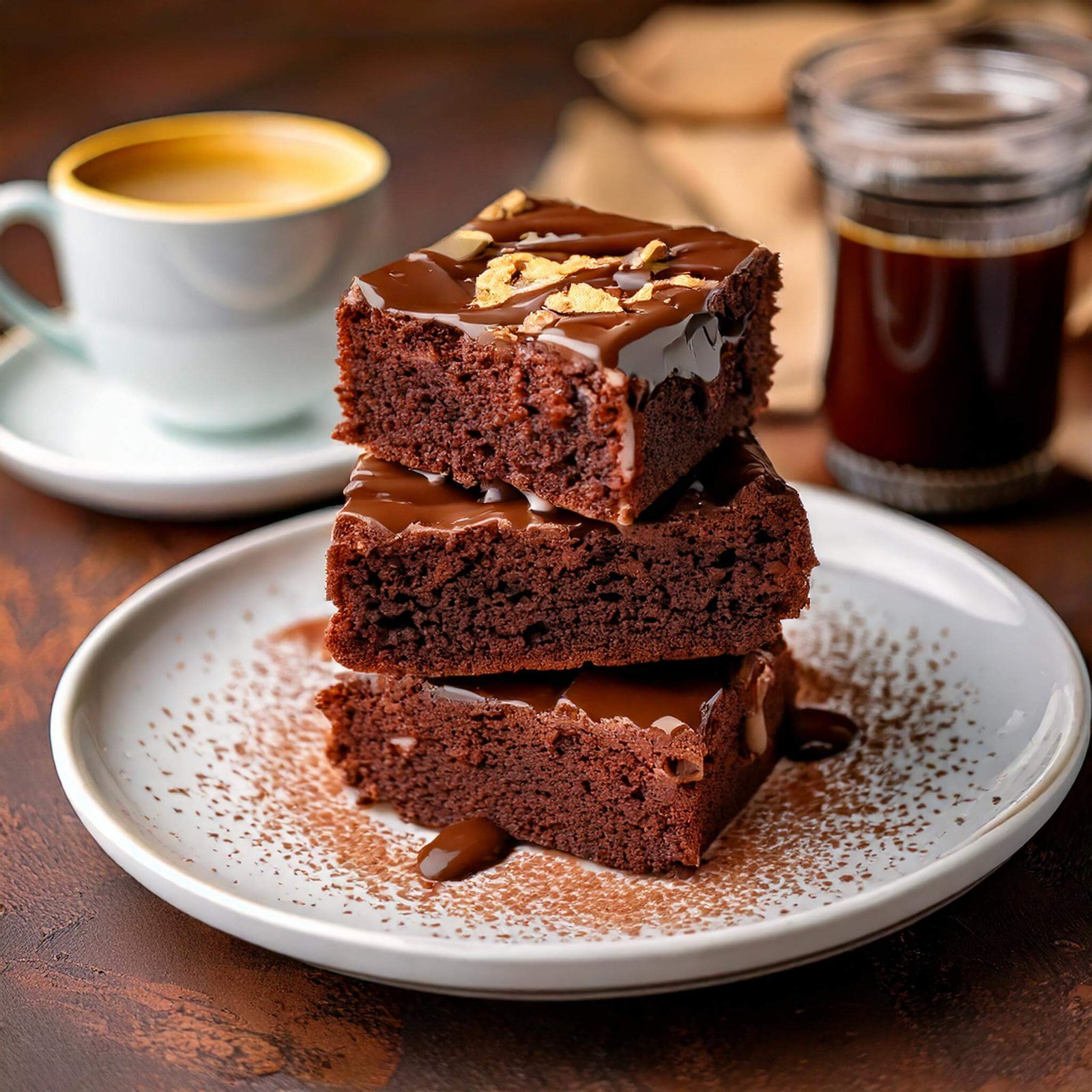 A plate of Nutella fudge brownies with a drizzle of chocolate and powdered sugar
