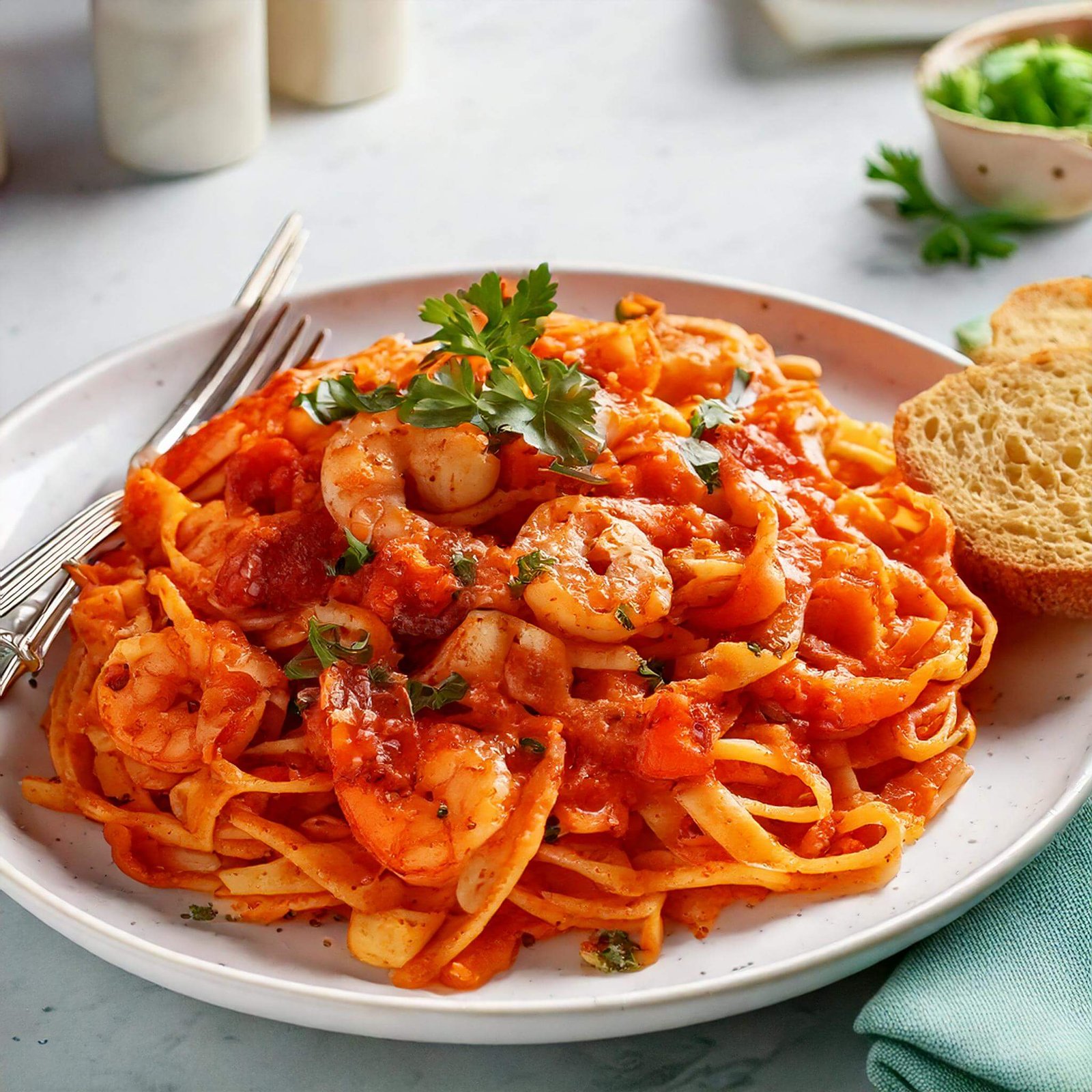 Close-up of Cajun shrimp and sausage pasta served in a bowl.