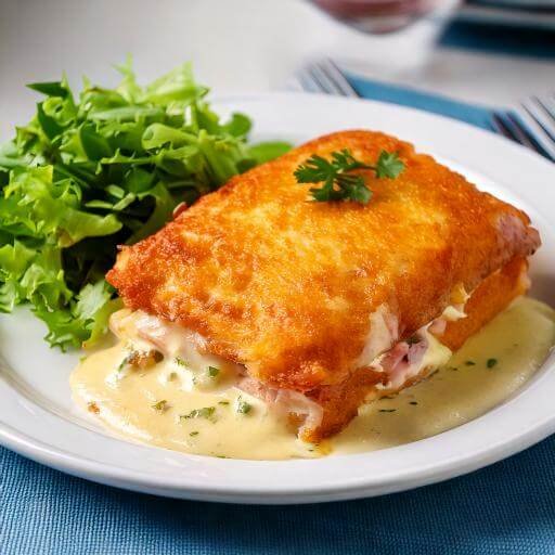 A serving of Chicken Cordon Bleu Casserole plated with garnish