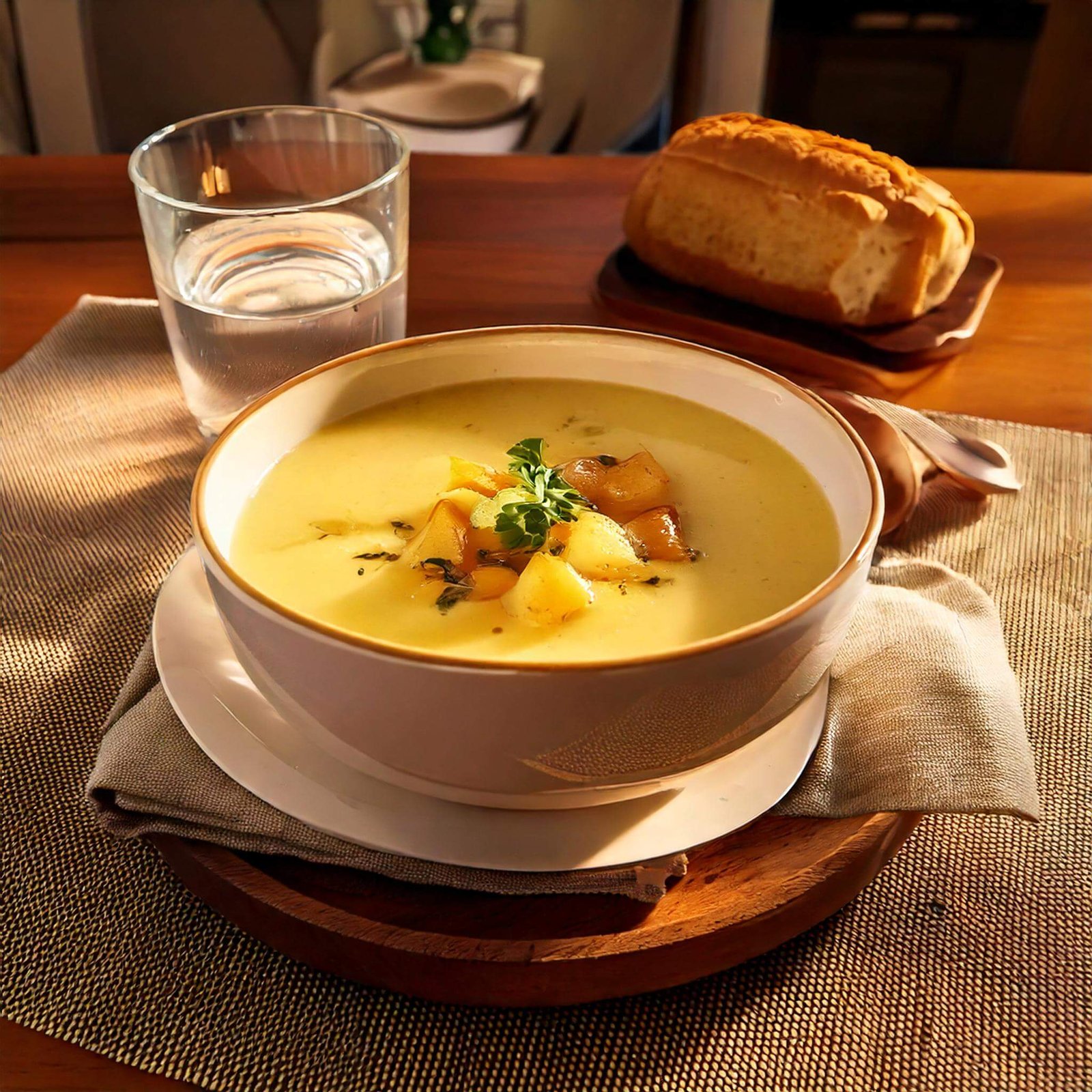 Final potato soup dish with bread and table setting