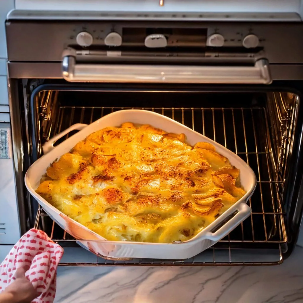 Scalloped potatoes baking in the oven with bubbling, golden cheese