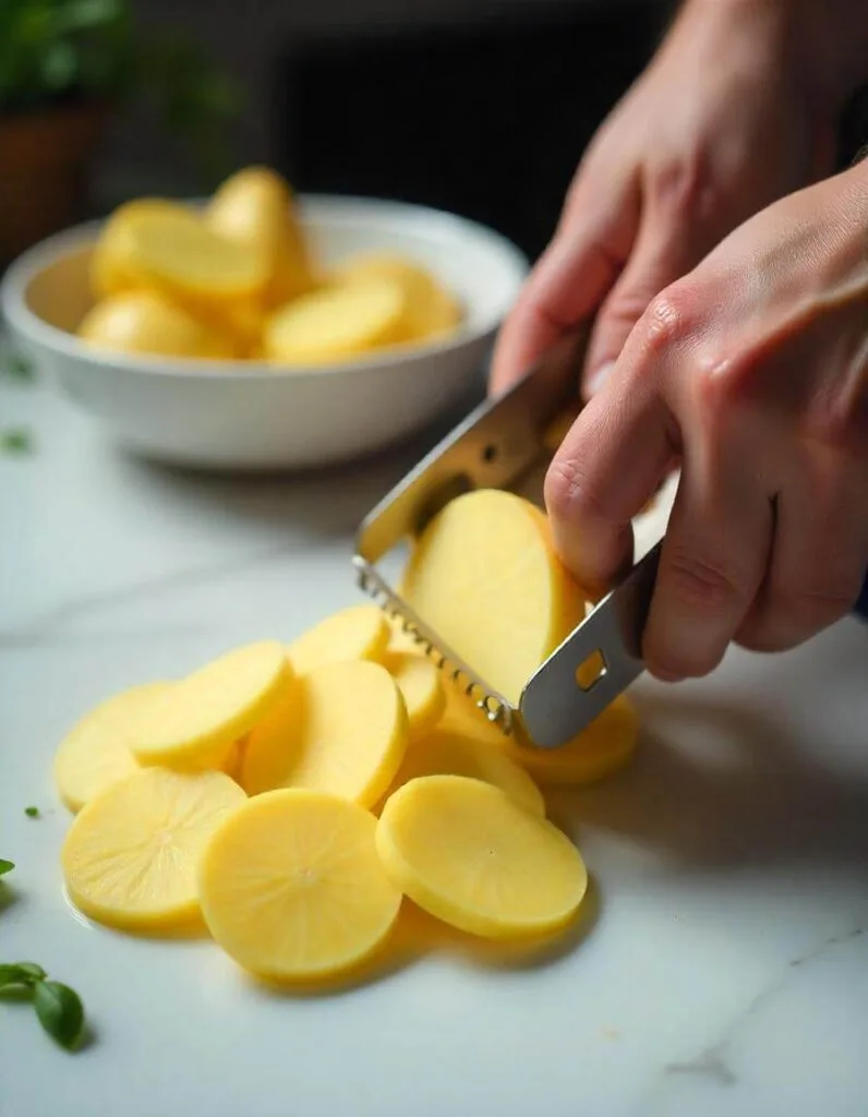 Thinly slicing potatoes with a mandoline slicer for scalloped potatoes