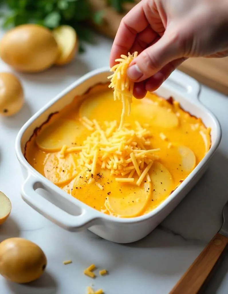 Layering potato slices and cheese sauce in a baking dish for scalloped potatoes