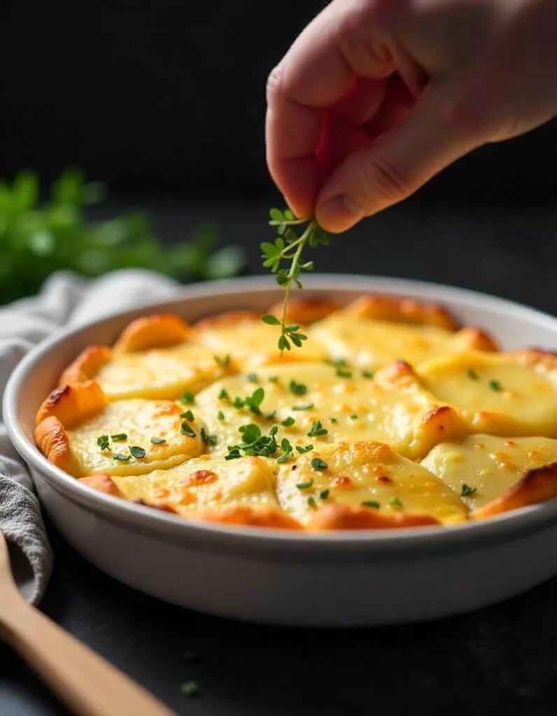 Garnishing baked cheesy scalloped potatoes with fresh thyme