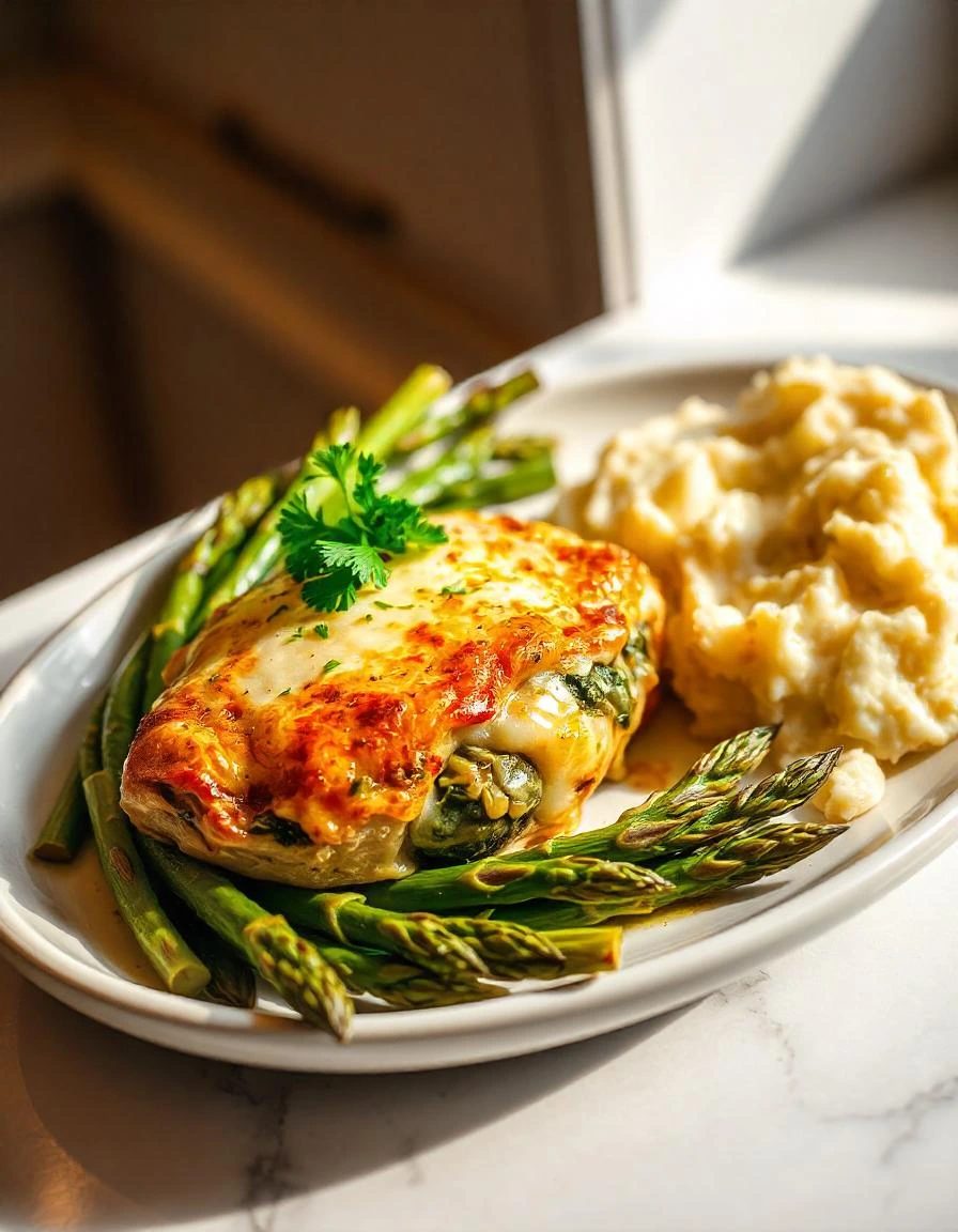 Final plated dish of Cheesy Spinach and Artichoke Stuffed Chicken