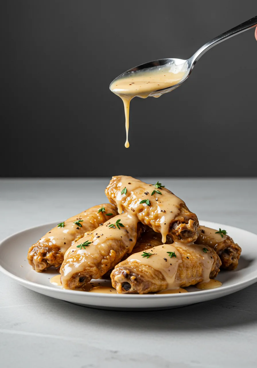 "Beautifully plated crispy chicken wings coated in cowboy butter sauce, garnished with herbs."