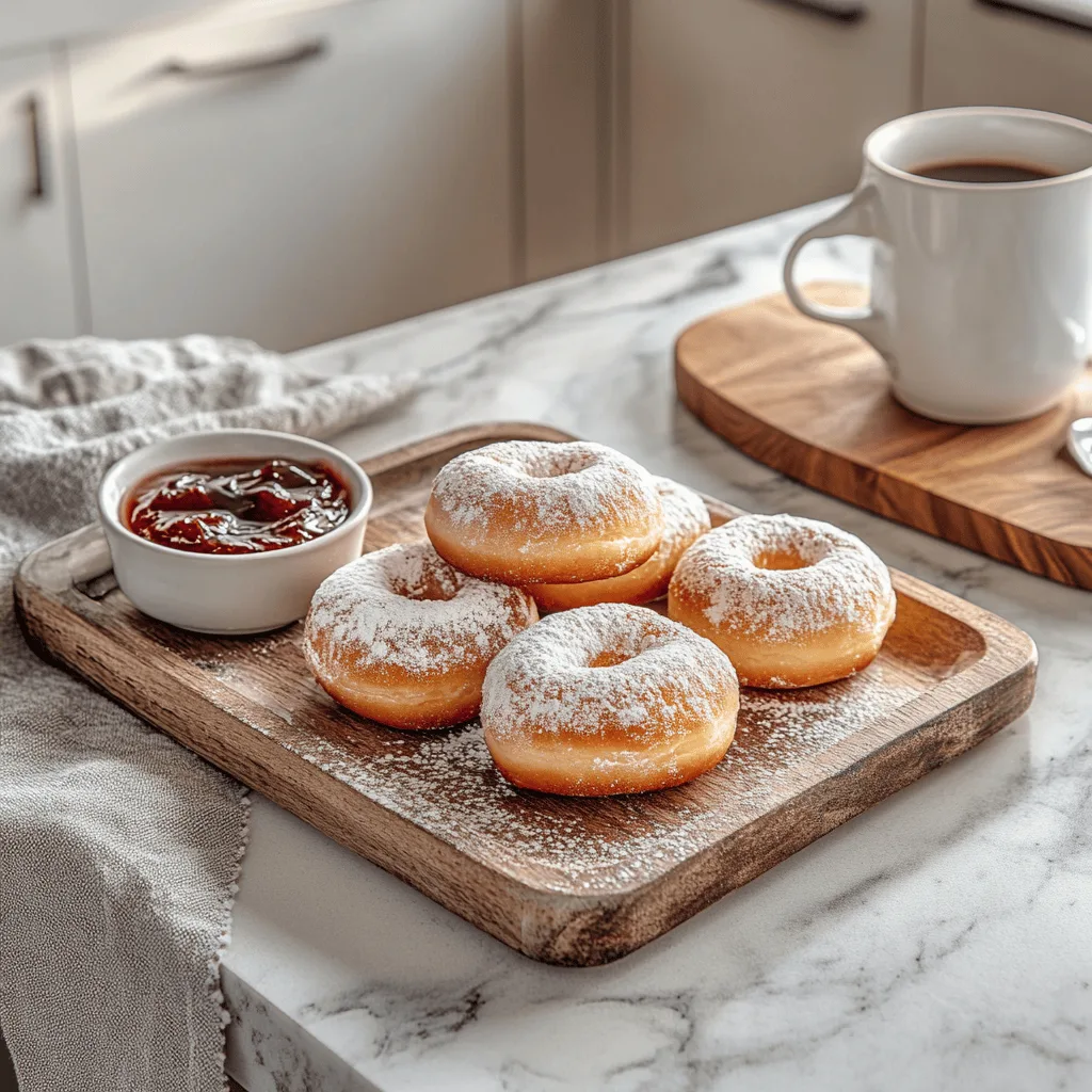 A plate of golden, sugar-dusted pączki with a cut-open doughnut revealing jam filling
