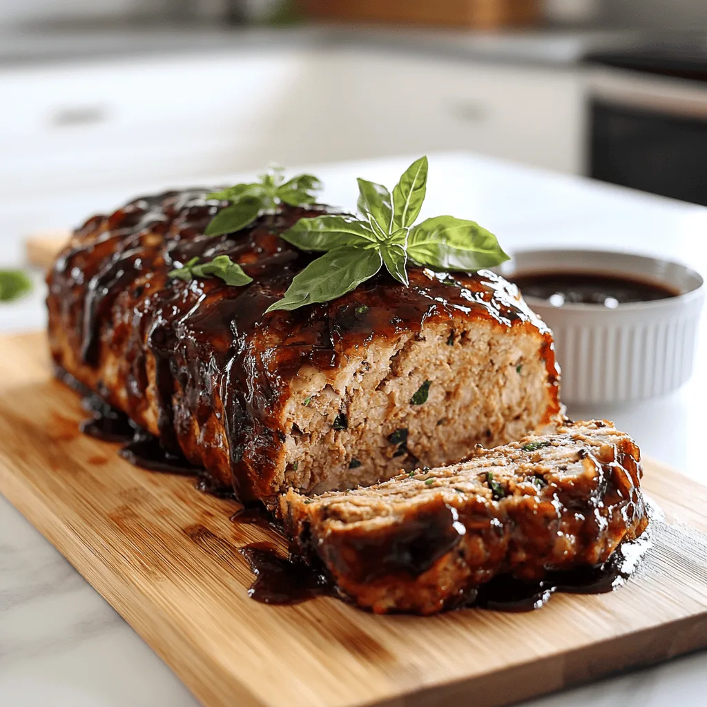 Sliced turkey meatloaf with a caramelized glaze, served on a wooden board with fresh herbs.