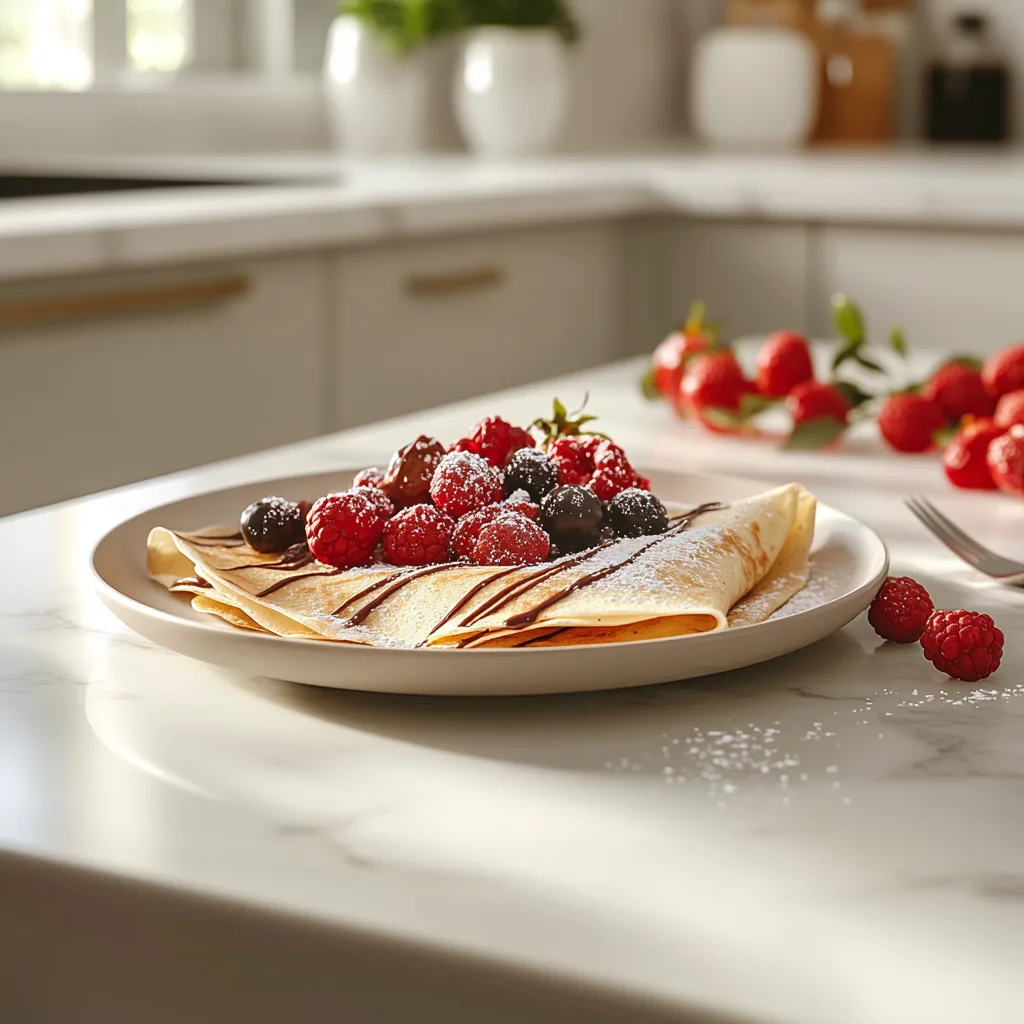 Beautifully presented crêpe dish with fresh berries, Nutella, and powdered sugar on a modern kitchen counter.