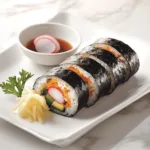 Beautifully plated Kimbap rolls with pickled radish and soy sauce