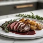 Sliced Steak de Bœuf Aubrac with red wine sauce, served with roasted potatoes and fresh herbs
